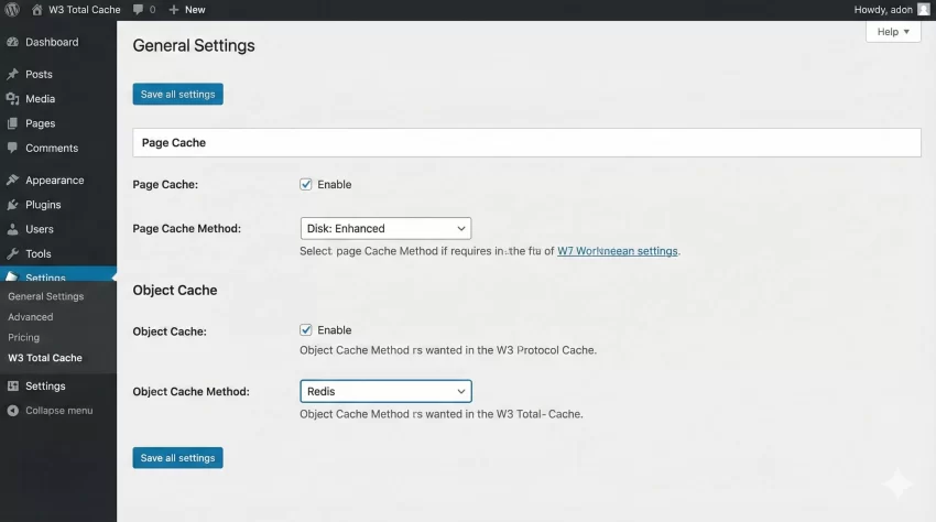 W3 Total Cache Review - General Settings Page Cache & Redis