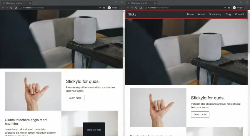 sticky header in WordPress - Before & After Comparison